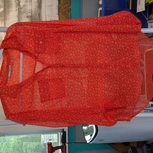 Maurices Orange Polka Dot Sheer Button Top L